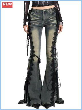 Punk Dragon Print Flare Jeans Low Rise Slim Fit with PU Belt Y2K Grunge